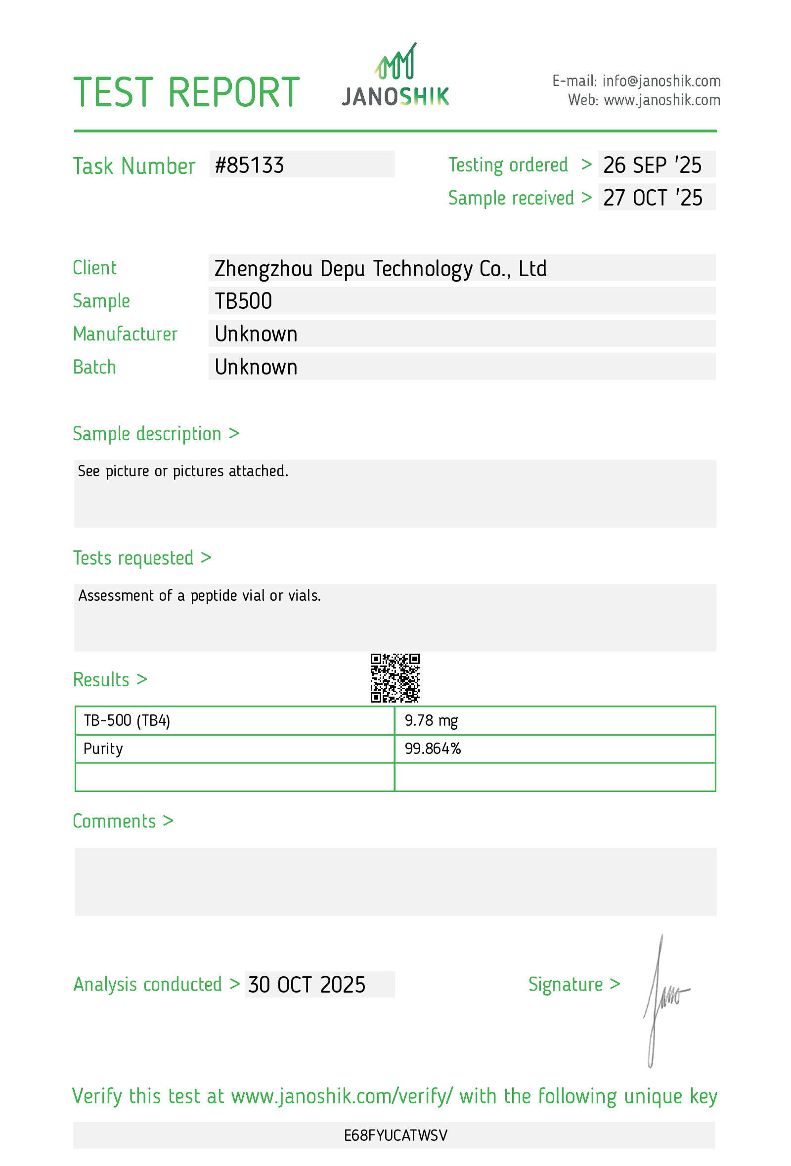 renhetstest tb-500 peptid